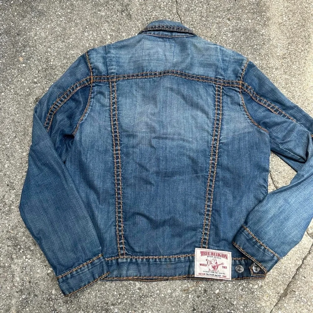 True Religion Jimmy Super T Distressed Denim Trucker Jacket Men's Size Lrg